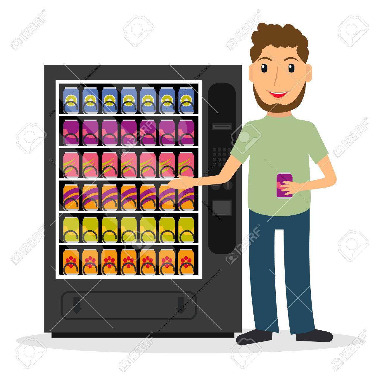 自動販売機の飲料 ドリンク 男 フラット スタイルのベクトル図です のイラスト素材 ベクタ Image