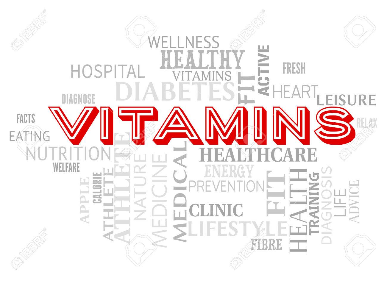 vitamins words indicating nutritional supplements and multivitamins