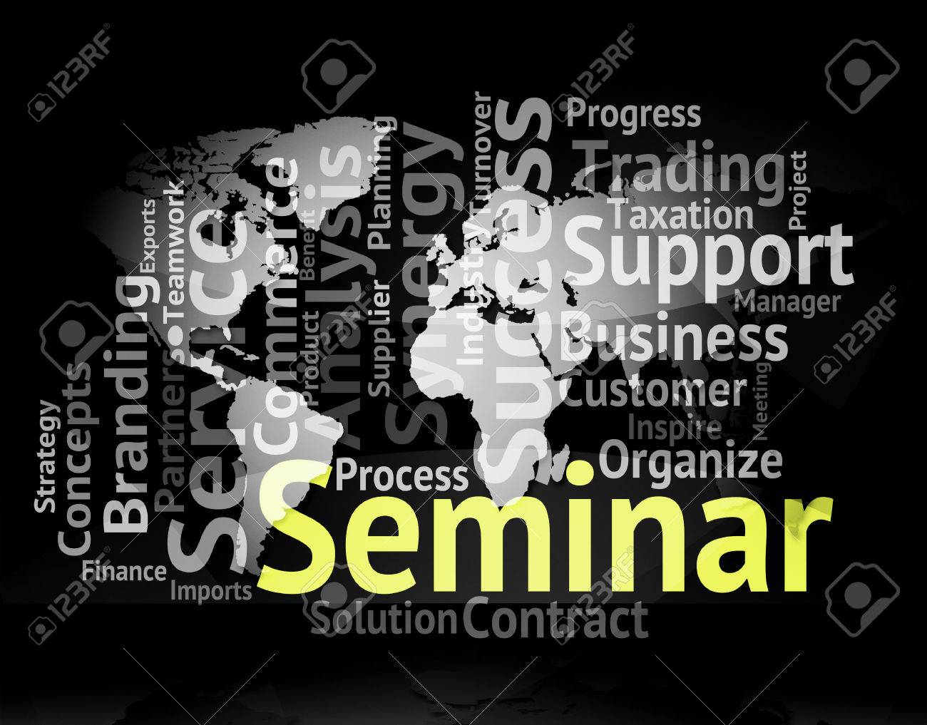 seminar word world map means symposium forum and wordclouds stock photo 68830677