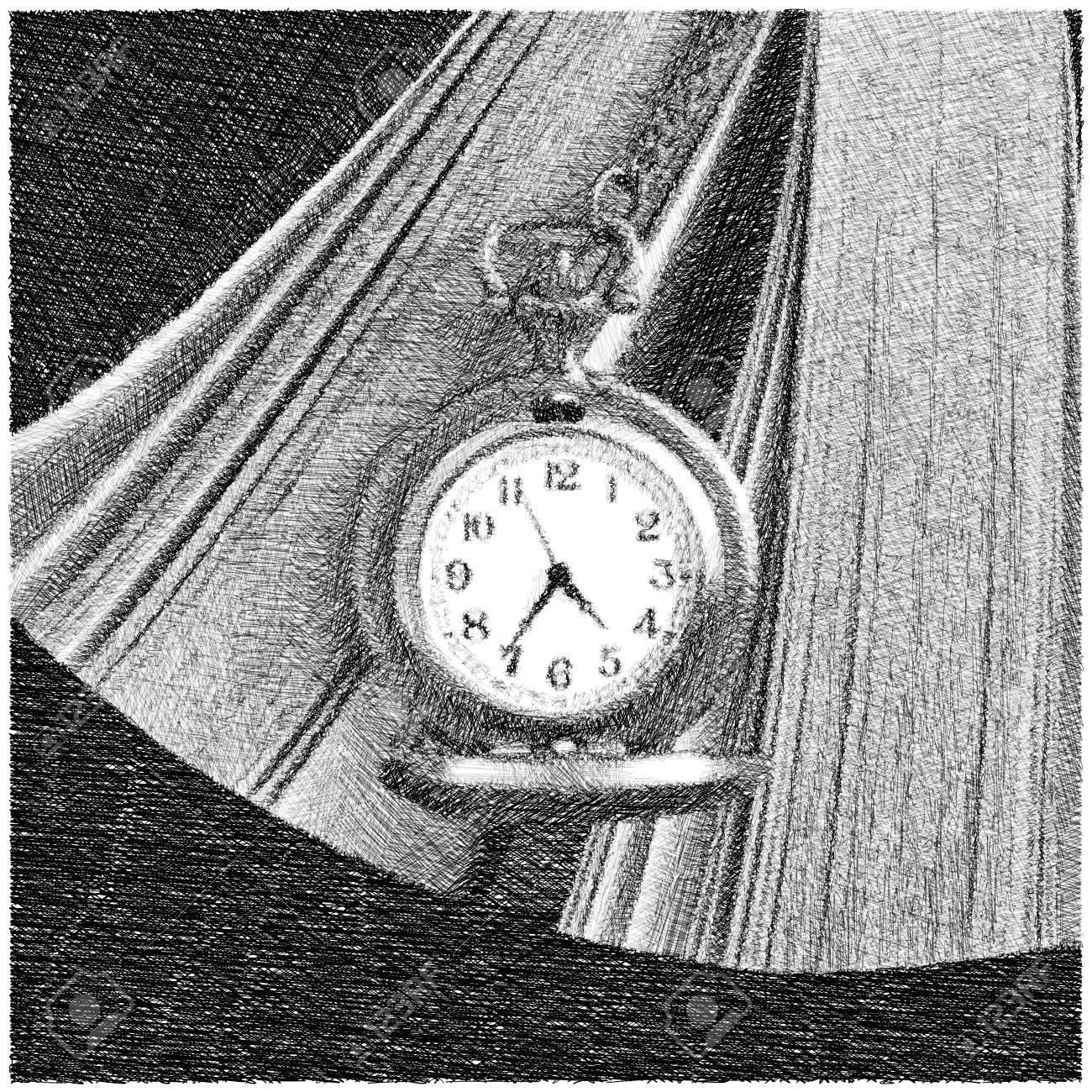 ビンテージの腕時計 黒と白色画用紙鉛筆 イラストで の写真素材 画像素材 Image