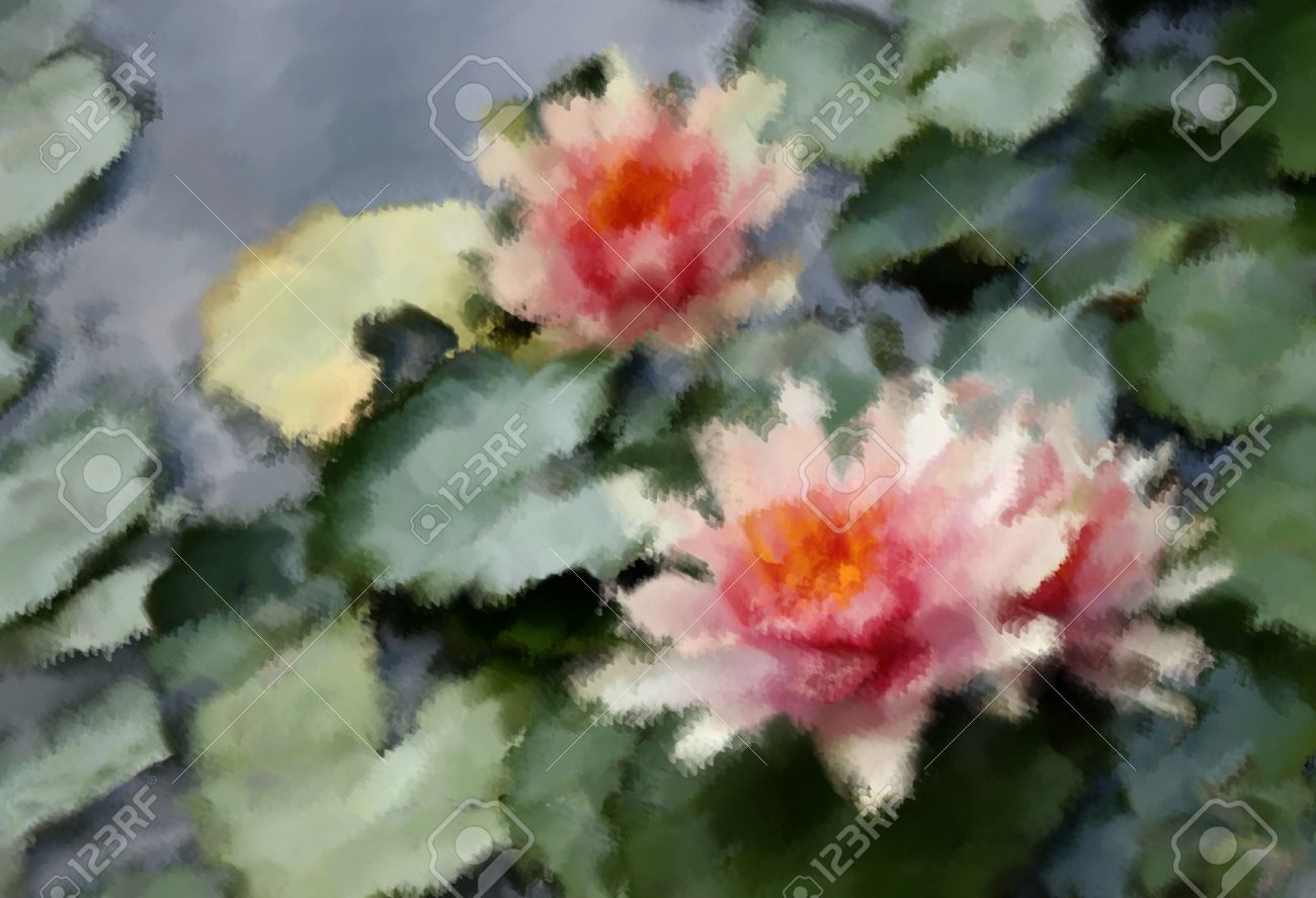 「中尊寺ハスの花咲く」 油彩画・油絵 中尊寺ハスの花咲く」 油彩画・油絵