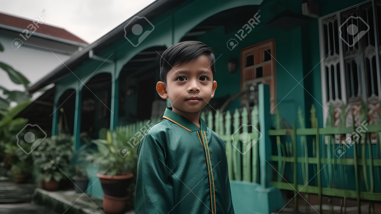 Portrait D un Petit Gar on V tu D une Robe Verte Debout Devant