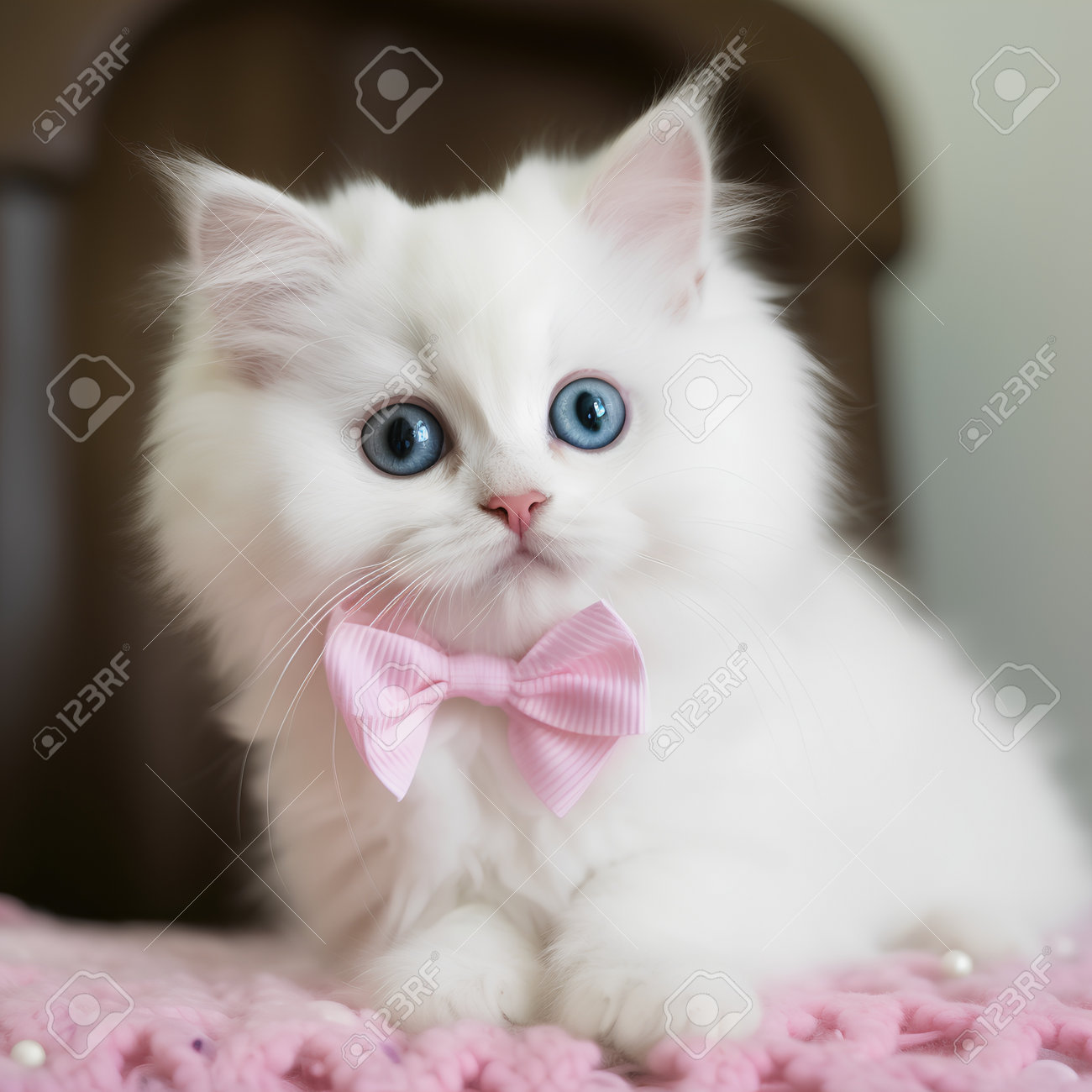 White Kitten With Blue Eyes And Pink Bow Tie Sitting On A Pink Knitted  Blanket Stock Photo, Picture and Royalty Free Image. Image 202771586., image size:1300x1300