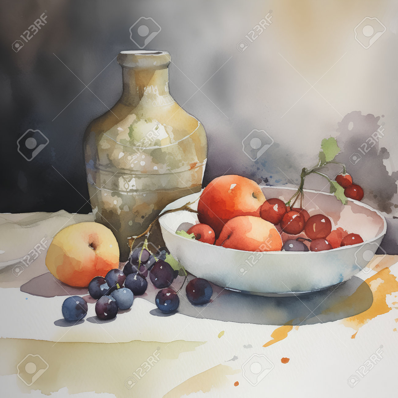 果物のある静物。白い背景に水彩画。の写真素材・画像素材 Image