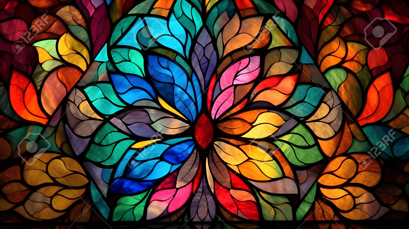 ステンドグラスアート 多色 抽象人物 抽象的な花柄のカラフルなステンドグラスの窓。コンピュータ生成