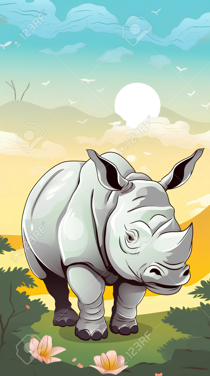 ジャングルのシロサイ。ベクター漫画イラスト。の写真素材・画像素材