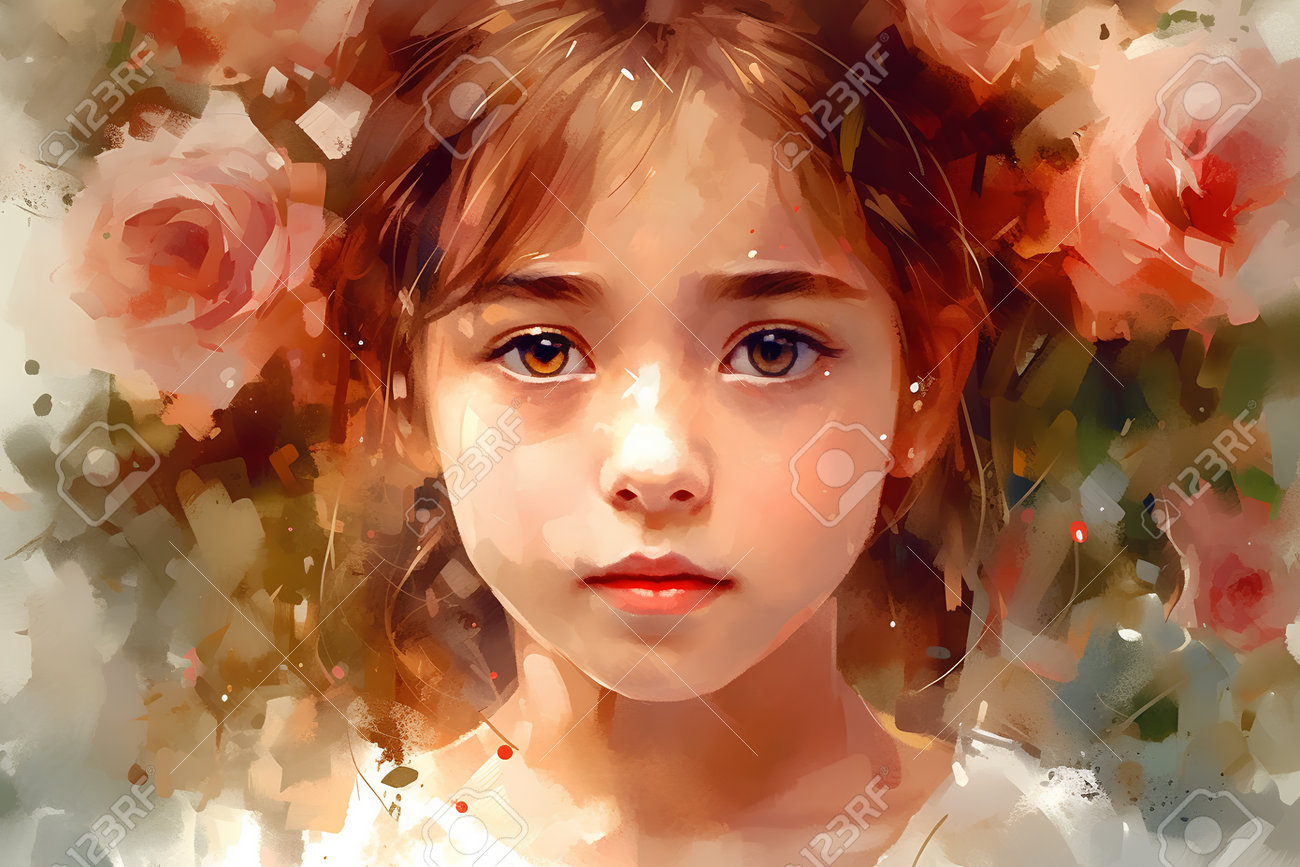 美しい少女のポートレート。デジタル水彩画。の写真素材・画像素材