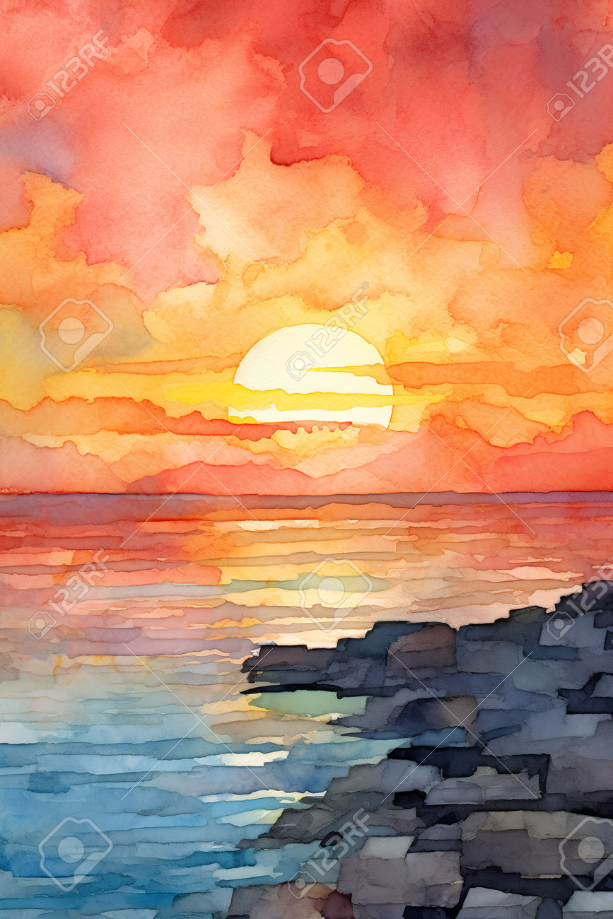 Sunset Over The Sea. Watercolor Painting. Hand Drawn Illustration