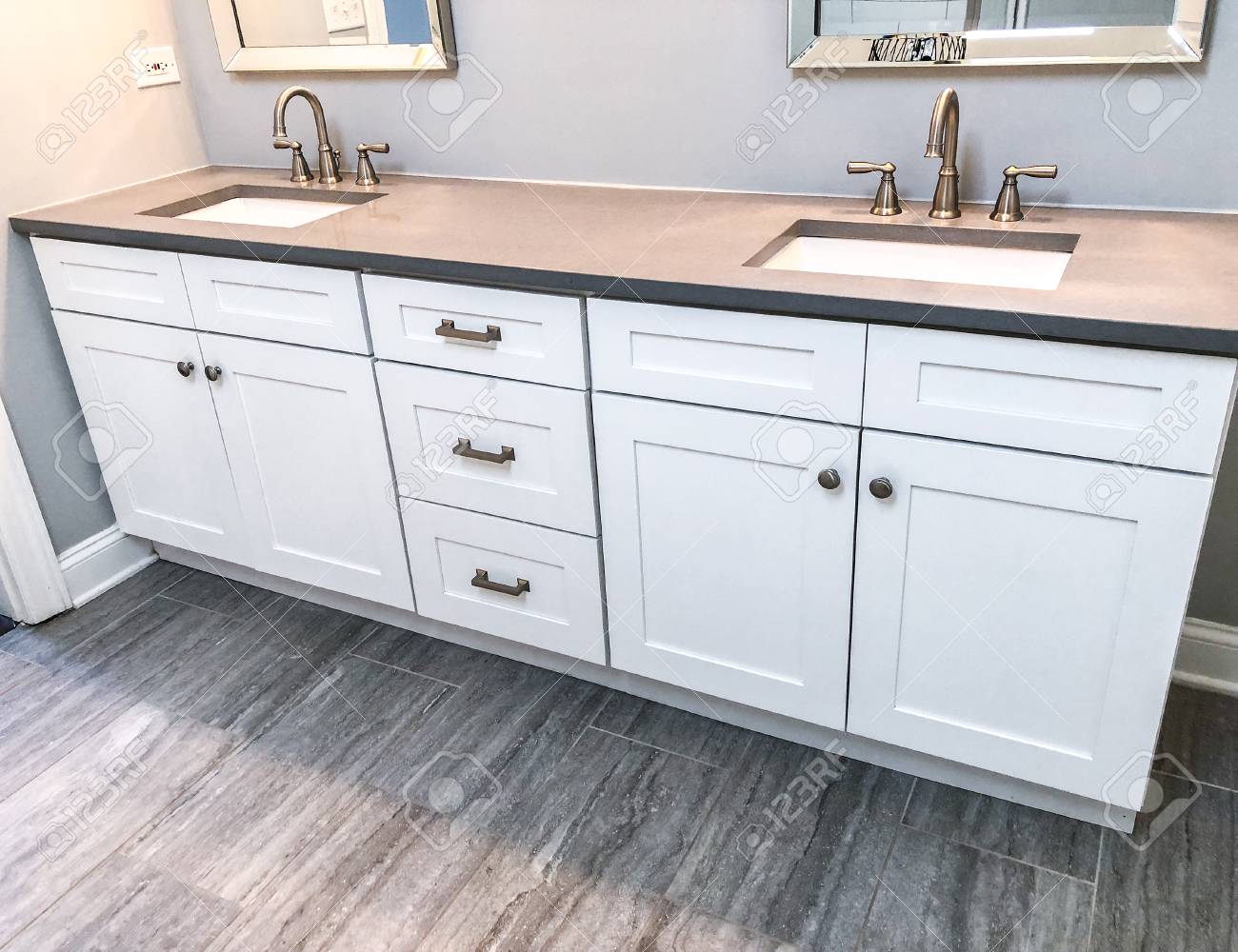 White Cabinets With Counter In Bathroom Two China Sinks Faucets