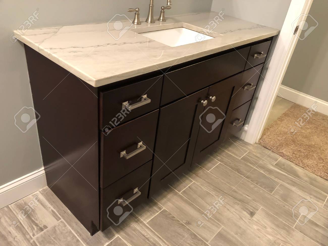 Bathroom Vanity Top Made Of Granite Countertop With Dark Brown Stock Photo Bathroom Vanity Top Made Of Granite Countertop With Dark Brown Stock Photo