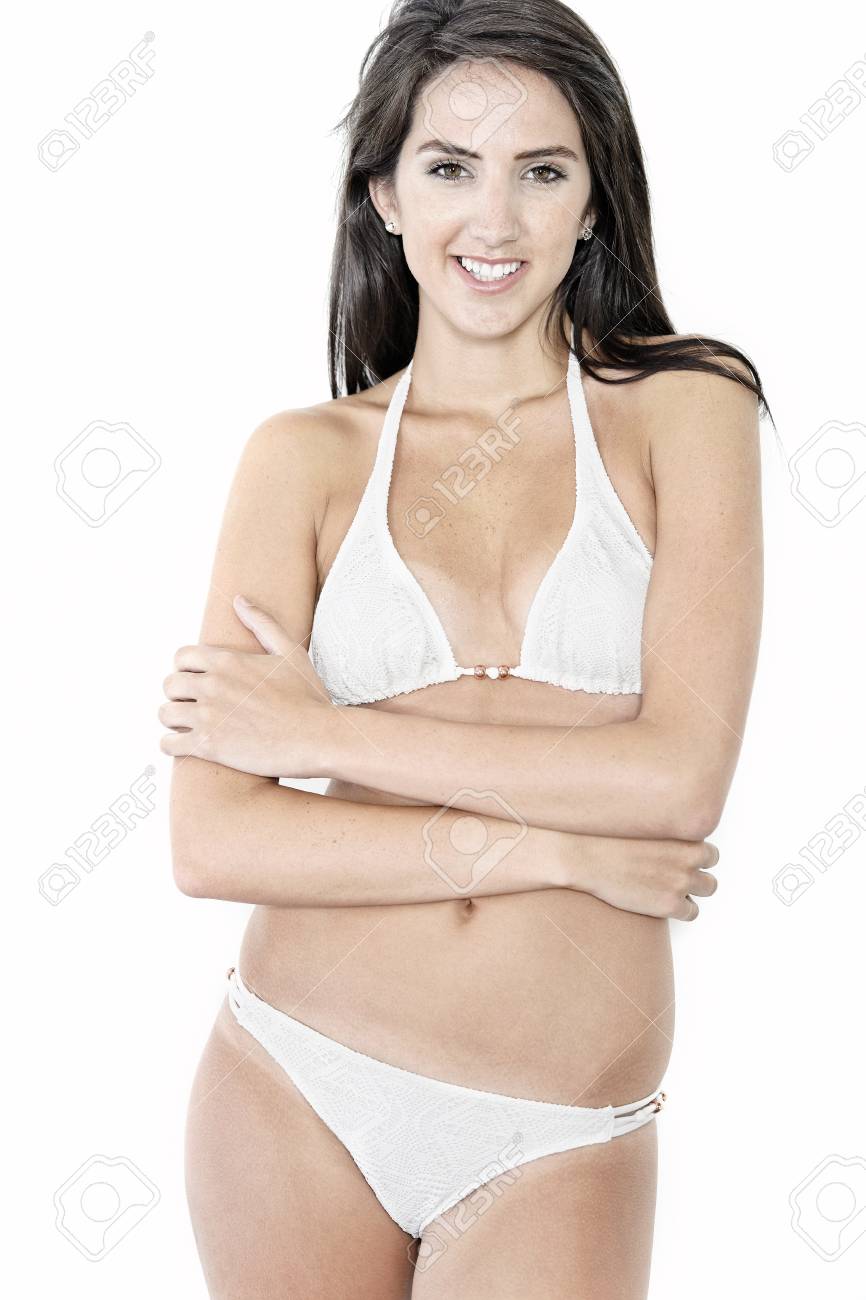 笑顔と陽気な白ビキニで美しいセクシーな女性 の写真素材 画像素材 Image