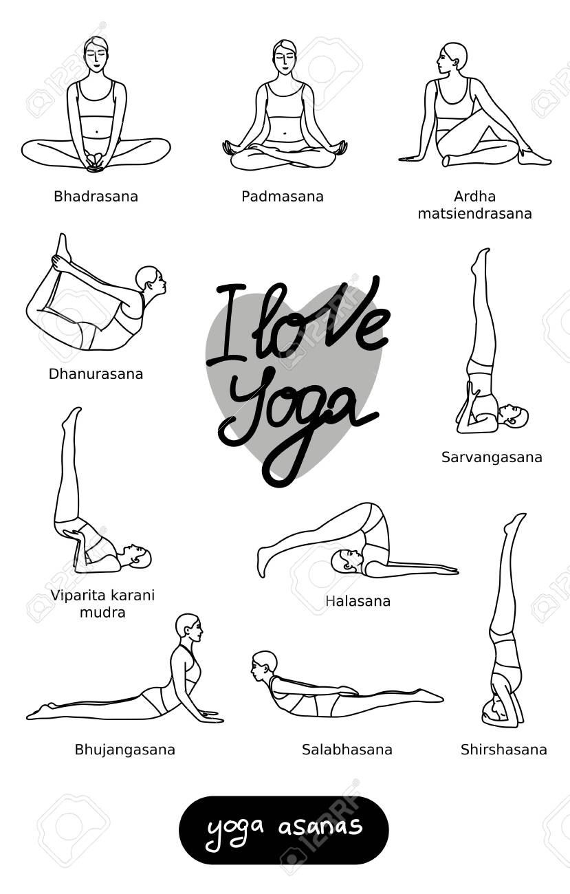 Set Of Black Vector Icons With The Most Important Yoga Asanas ...
