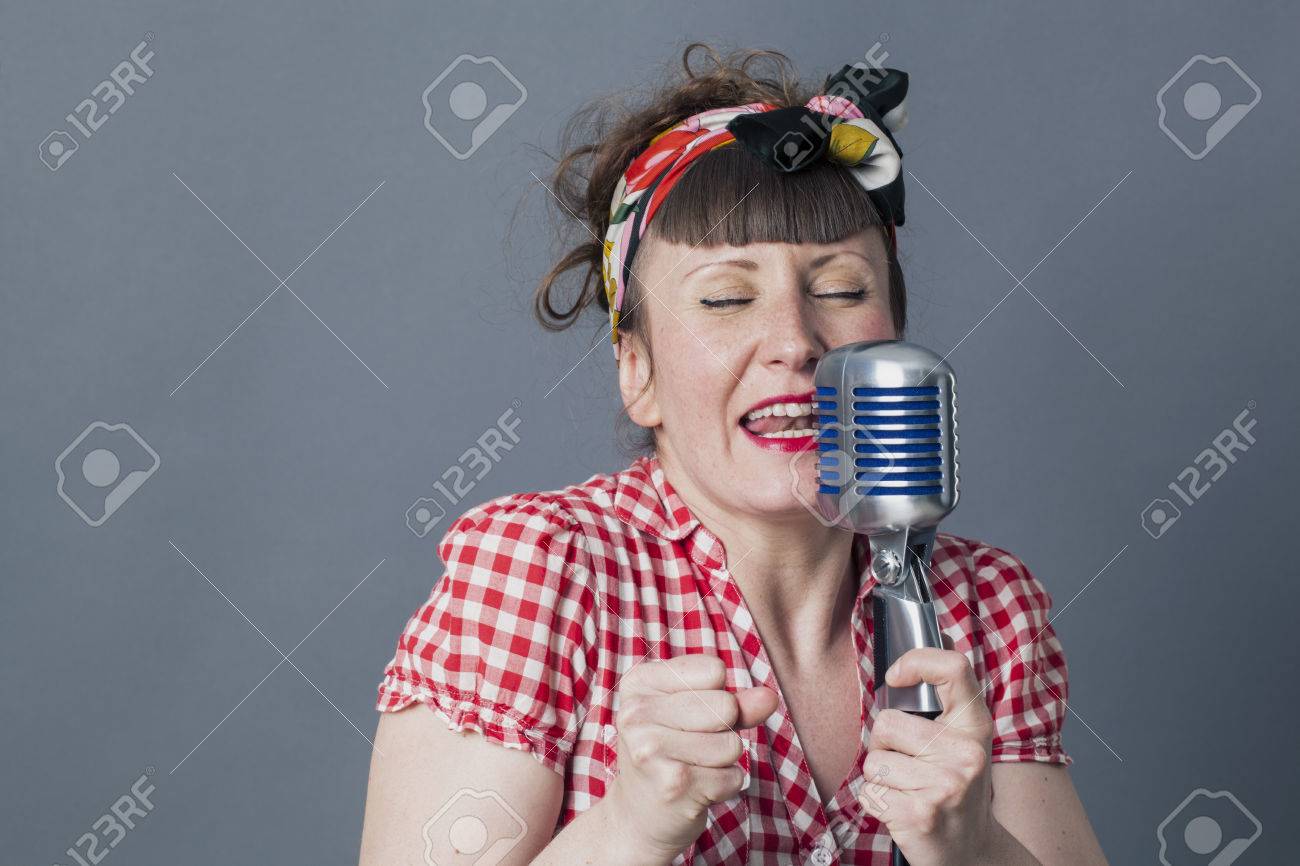 Fifties Singer In Studio 30s Female Musician With Retro Style