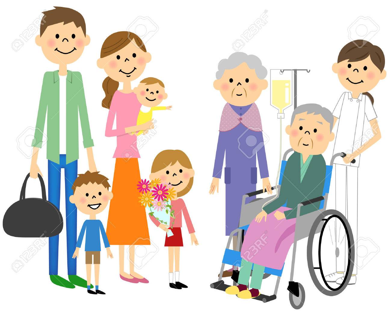 高齢者と共感の車椅子に座るようになった家族のイラスト素材 ベクタ Image