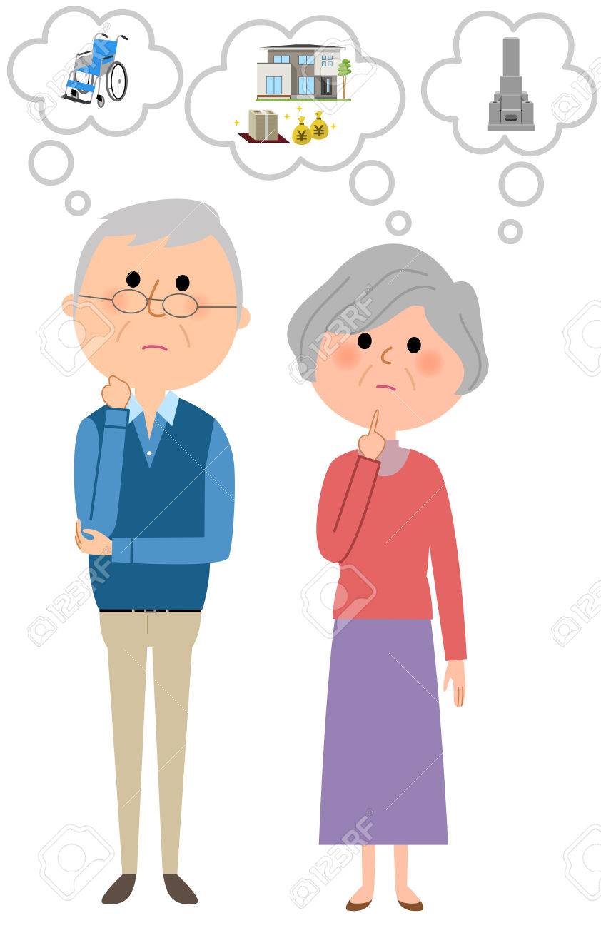 老夫婦の生活プランを想像してのイラスト素材 ベクタ Image