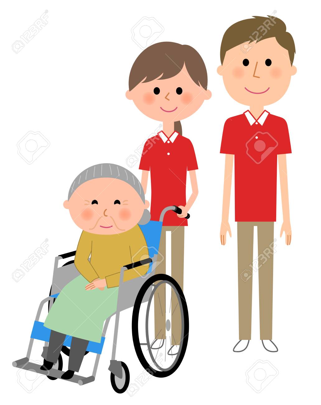 車椅子と介護者に座っている高齢の女性のイラスト素材 ベクタ Image