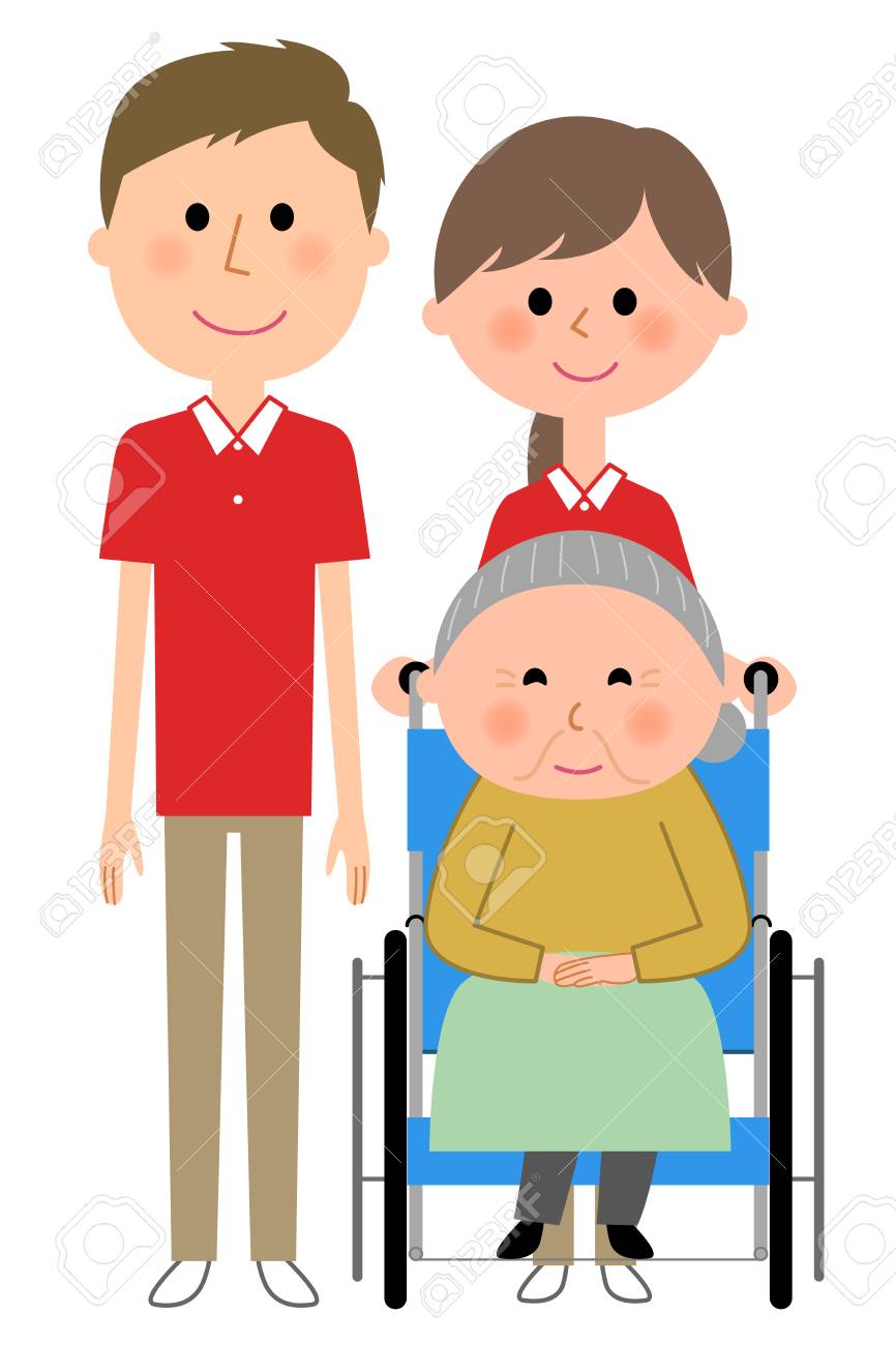 車椅子と介護者に座っている高齢の女性のイラスト素材 ベクタ Image