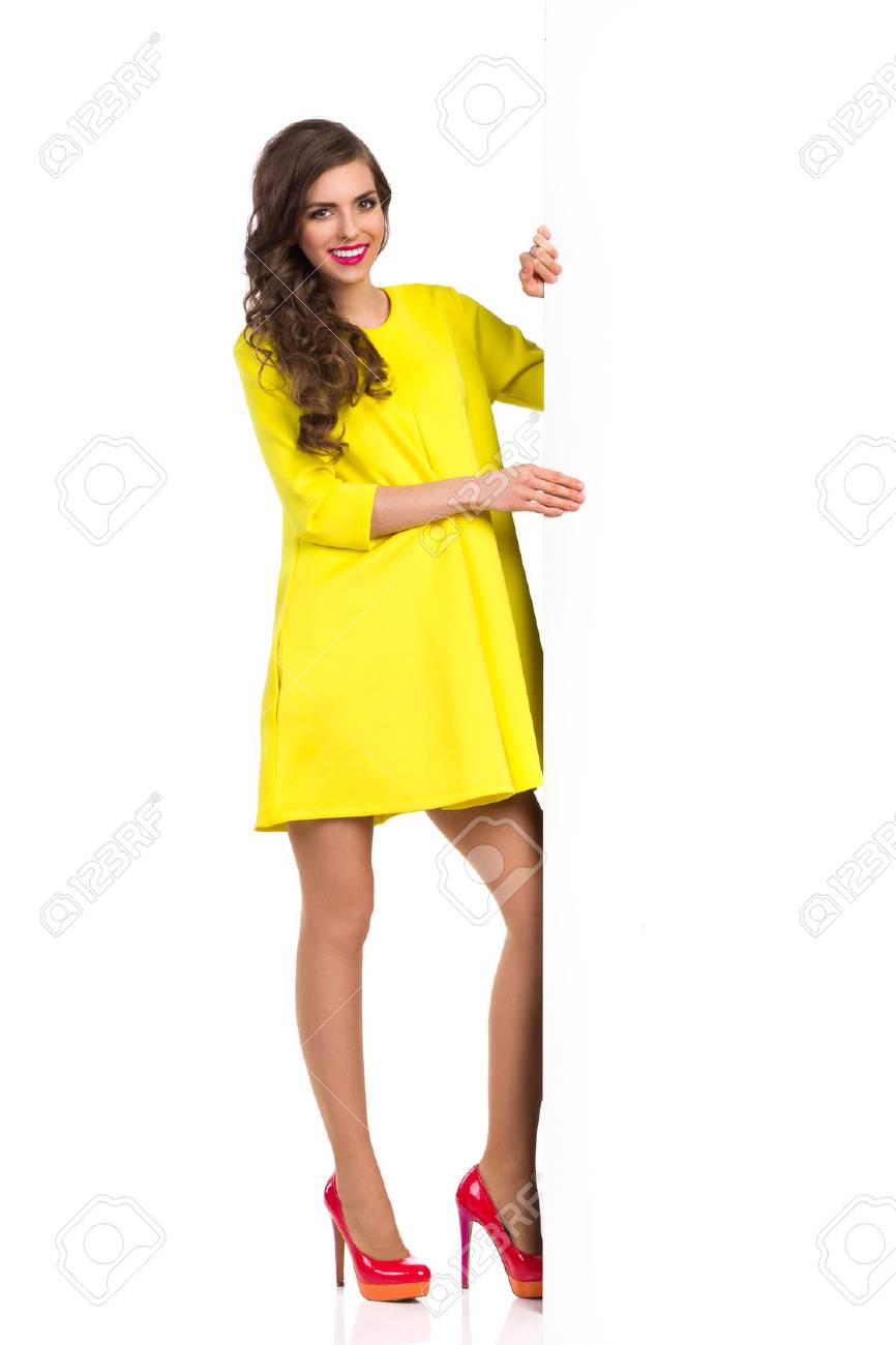 yellow dress and red heels