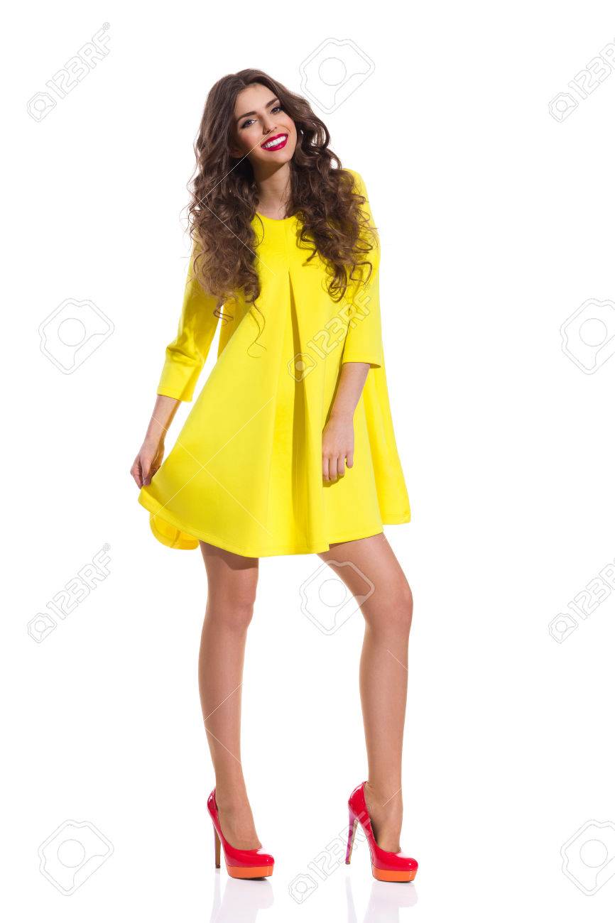 yellow dress and red heels