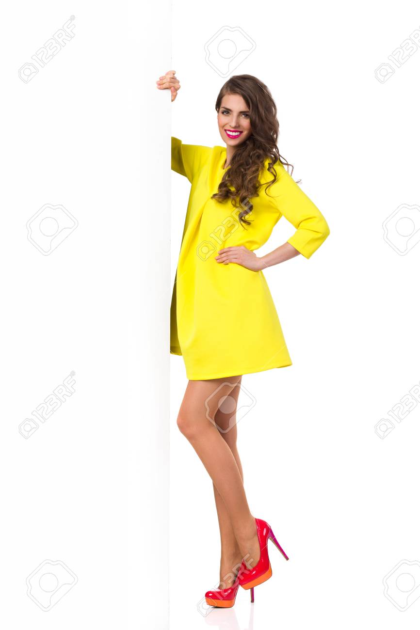 yellow dress and red heels