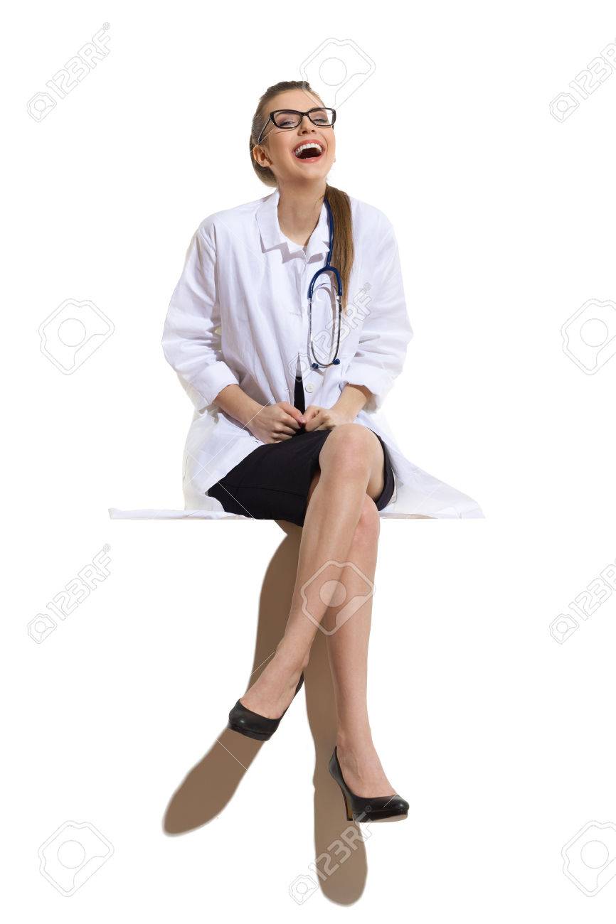 Laughing Young Woman In Glasses White Coat Black Skirt And Stock Photo Picture And Royalty Free Image Image