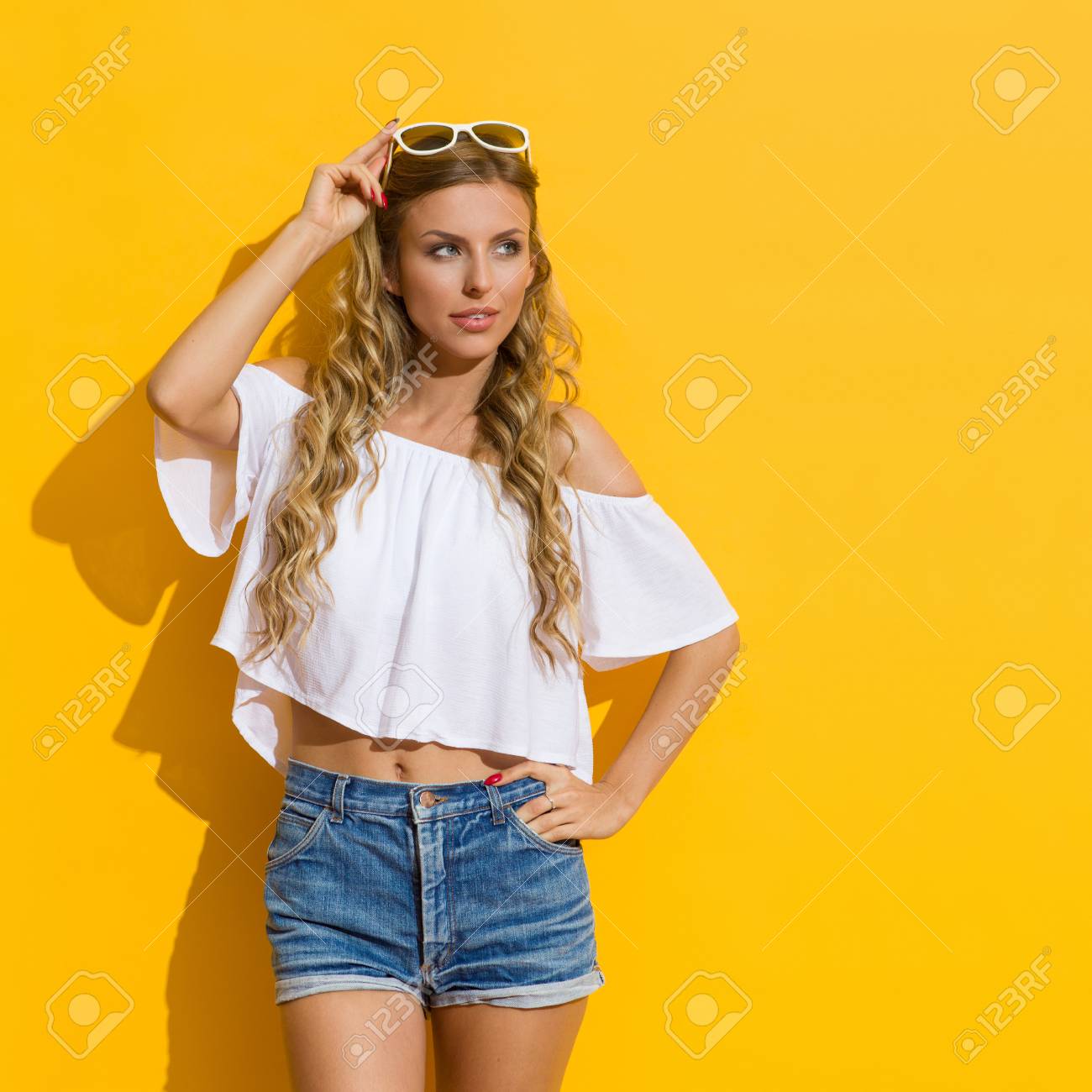 white shirt jean shorts