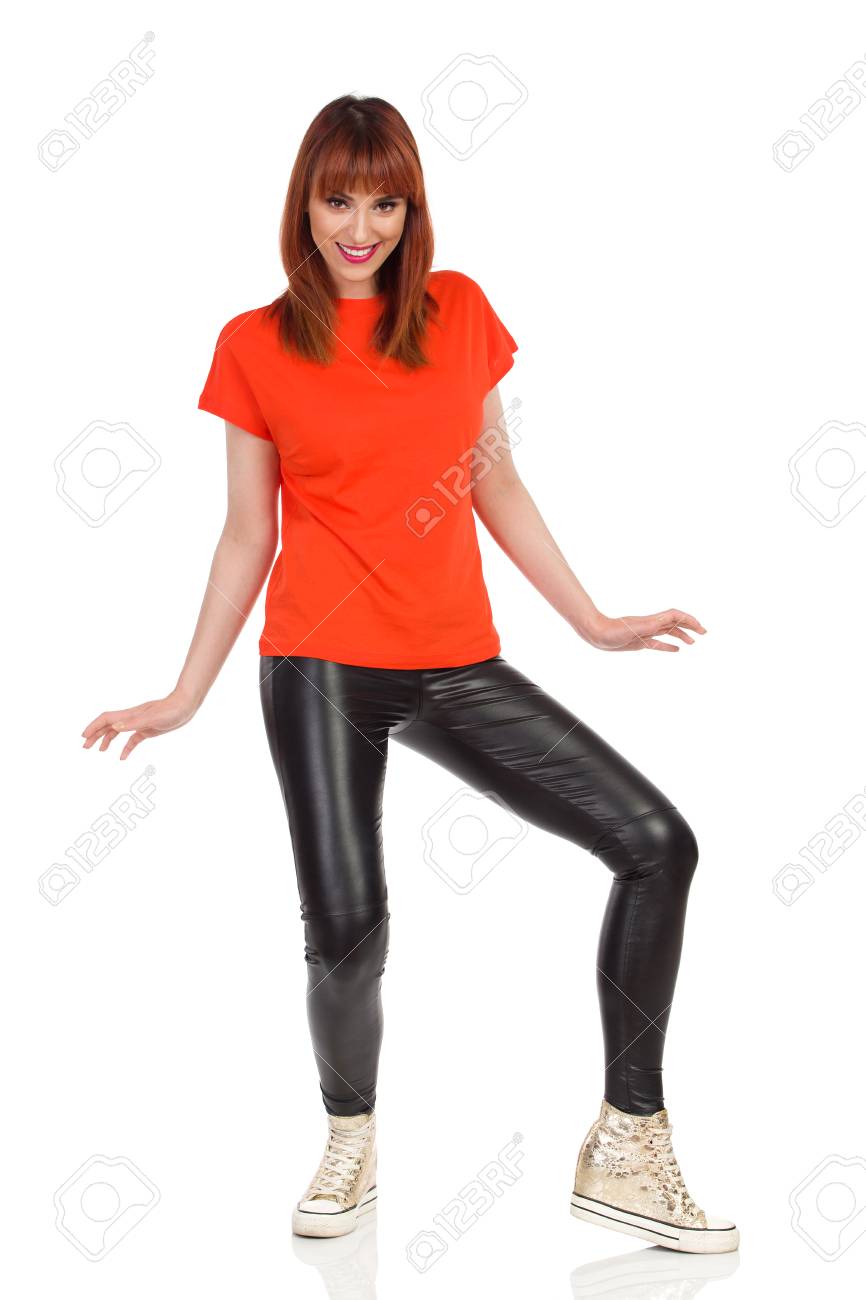 orange leather pants