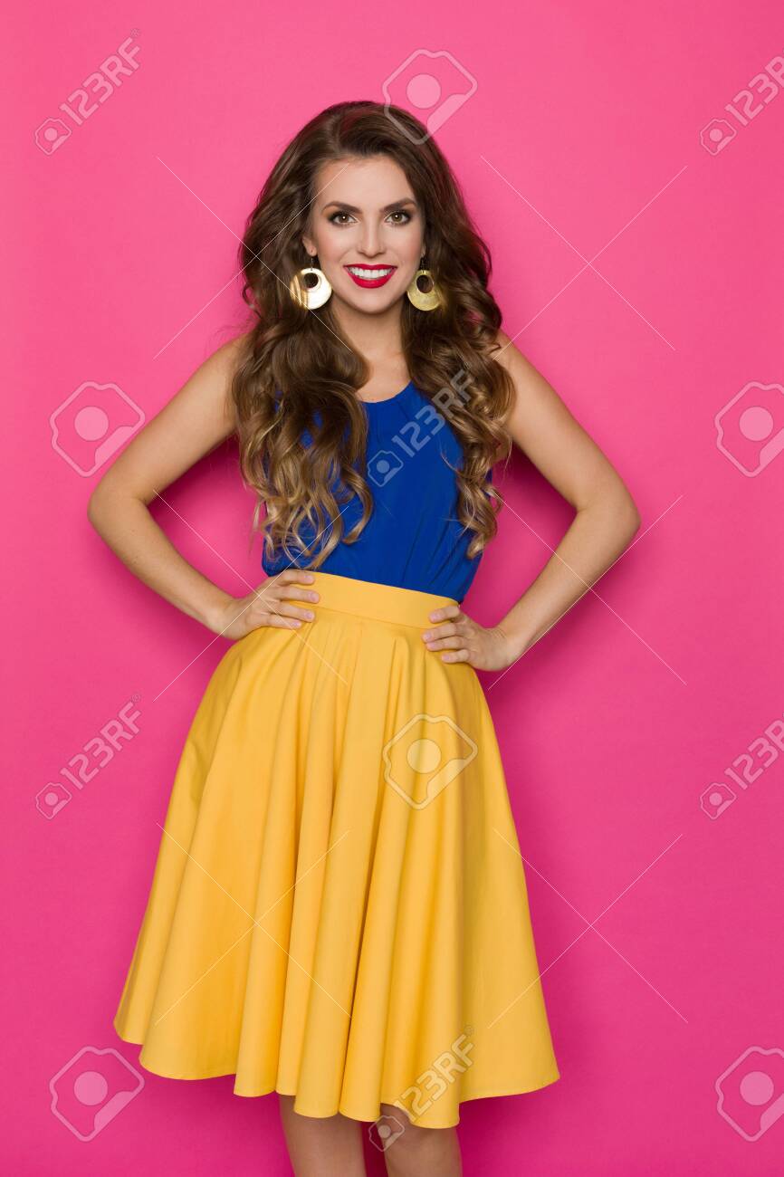 yellow skirt and blue top