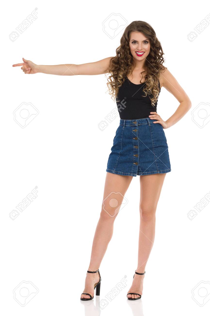 denim mini skirt high heels