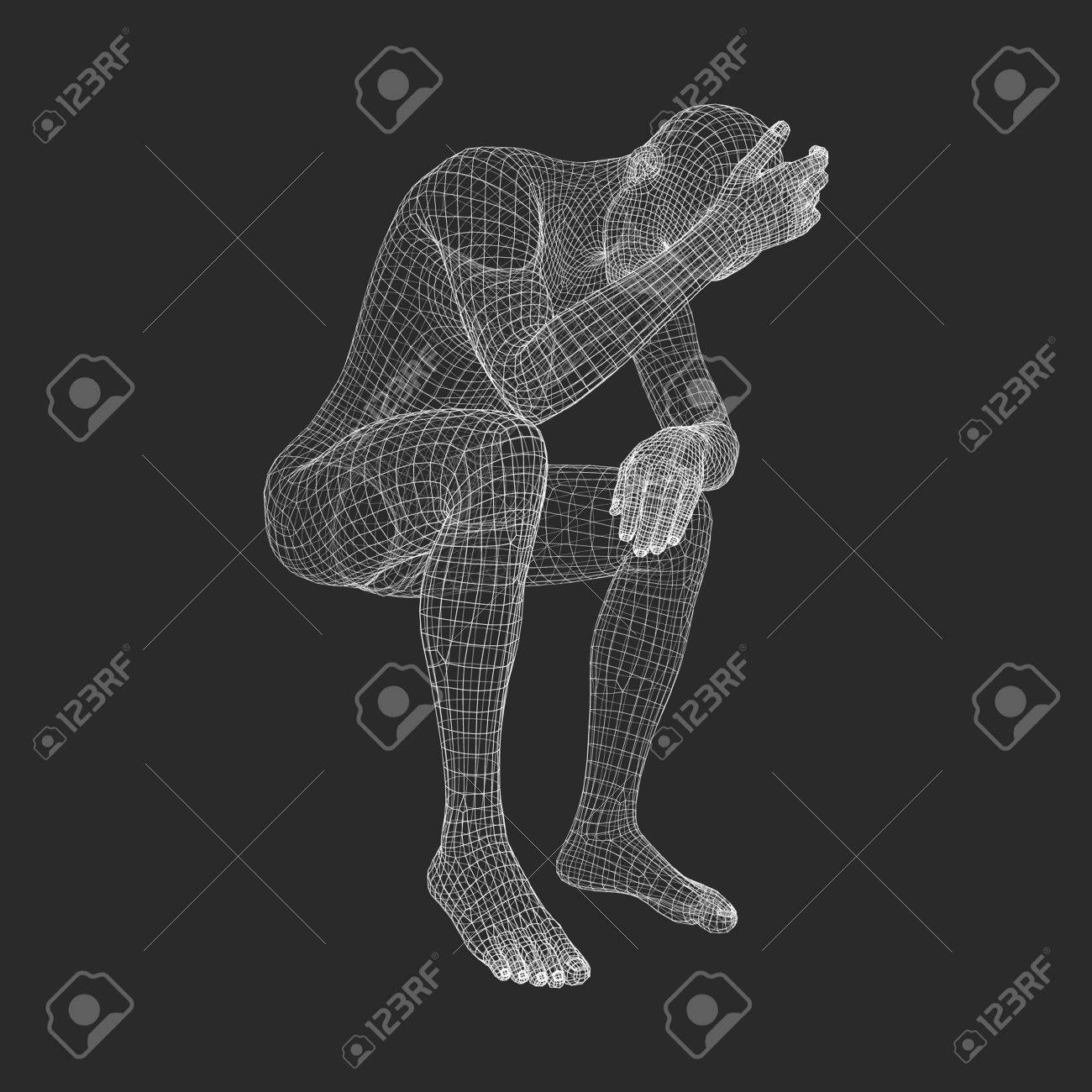 座っていると考えて落ち込んで悲惨な男 思想家のポーズで男 男のベクトル図の 3 D モデル のイラスト素材 ベクタ Image