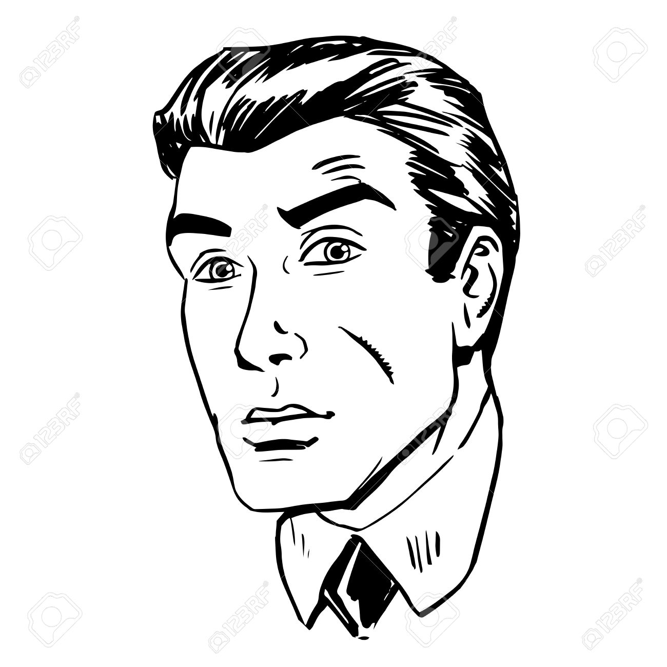 心配そうな感情的な顔の男性恐怖目レトロなライン アート グラフィックスの不確実性のイラスト素材 ベクタ Image