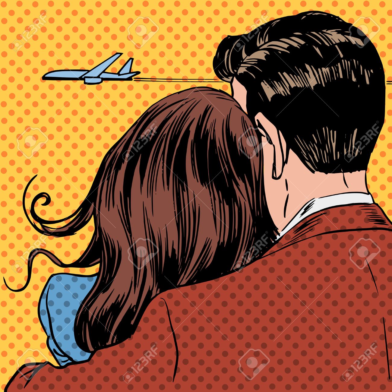 Loving Couple Regardant Un Avion Qui Decolle Dans Le Ciel Un Homme Et Une Accolade De La Femme Et De Prendre Du Recul Clip Art Libres De Droits Vecteurs Et Illustration