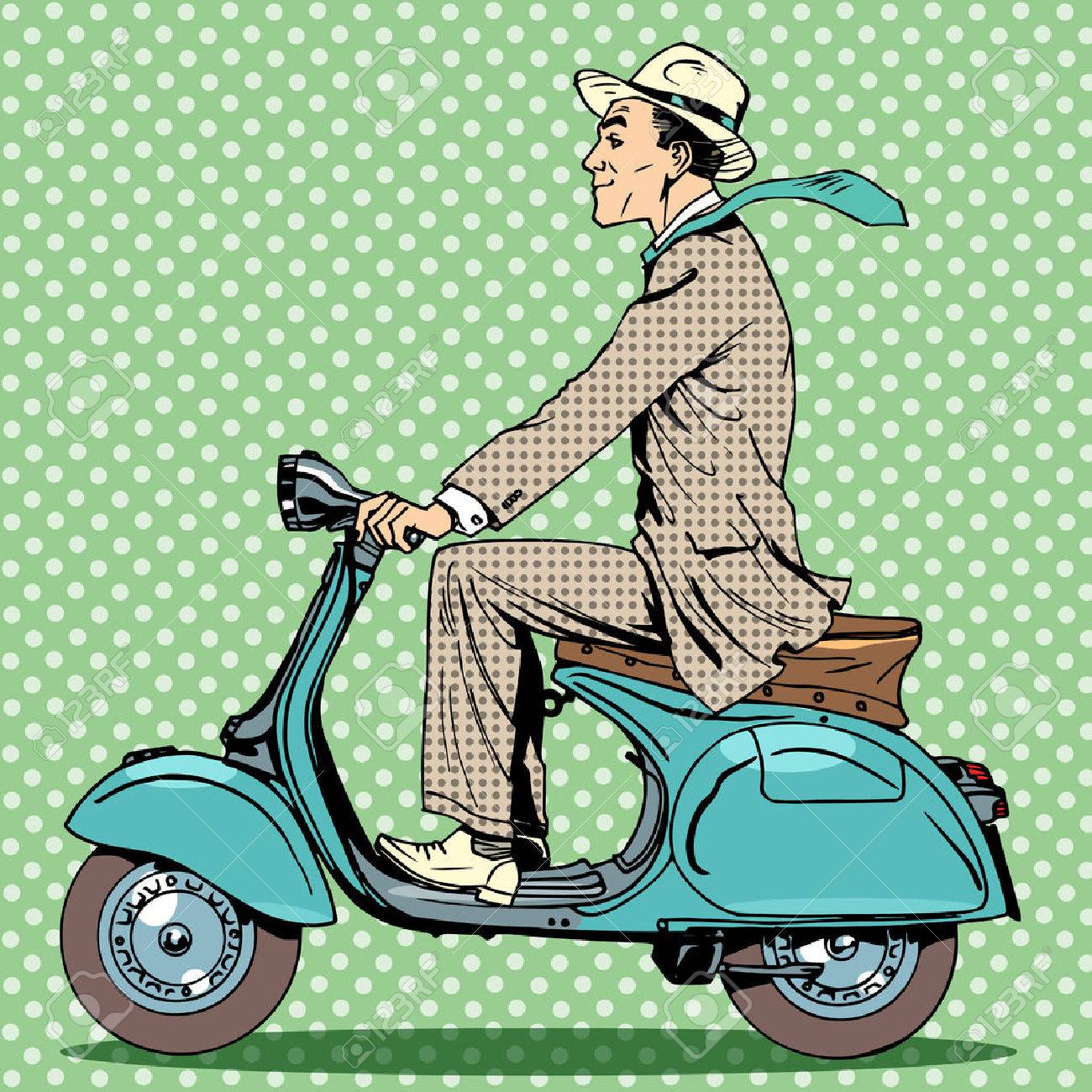 A man rides on a vintage scooter. Travel car road cars - 43321119 A man rides on a vintage scooter. Travel car road cars - 43321119