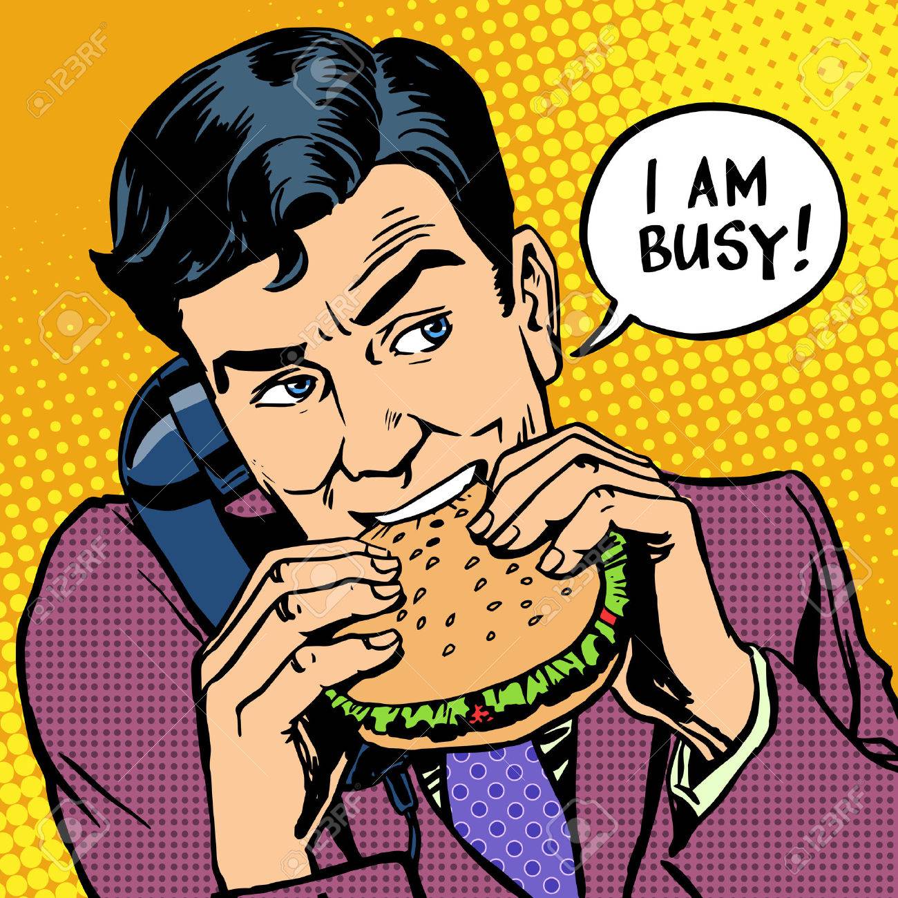 ハンバーガーを食べると 電話で話している人 のイラスト素材 ベクタ Image