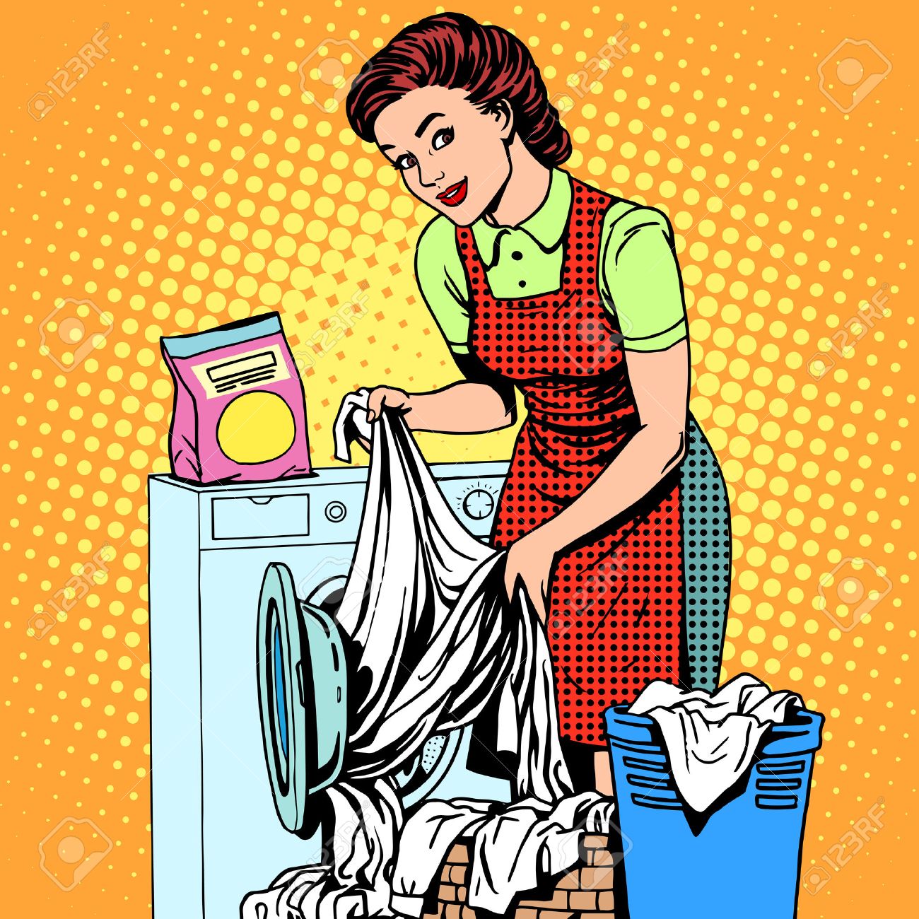 女性は 洗濯機のポップアートのレトロなスタイルの服を洗います 家事