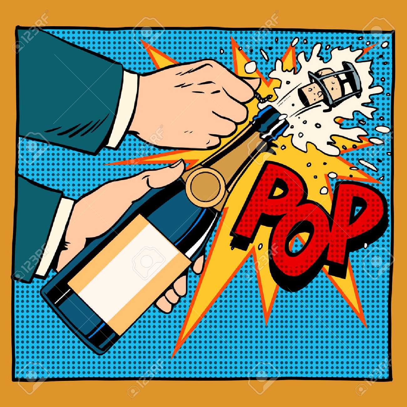 Ouverture Bouteille De Champagne Pop Art Style Retro Mariage Anniversaire Anniversaire Ou Une Nouvelle Annee Les Boissons Alcoolisees Vin Et Restaurants Boisson Mousse Explosion Instant Tube De Triomphe Votre Marque Ici Clip