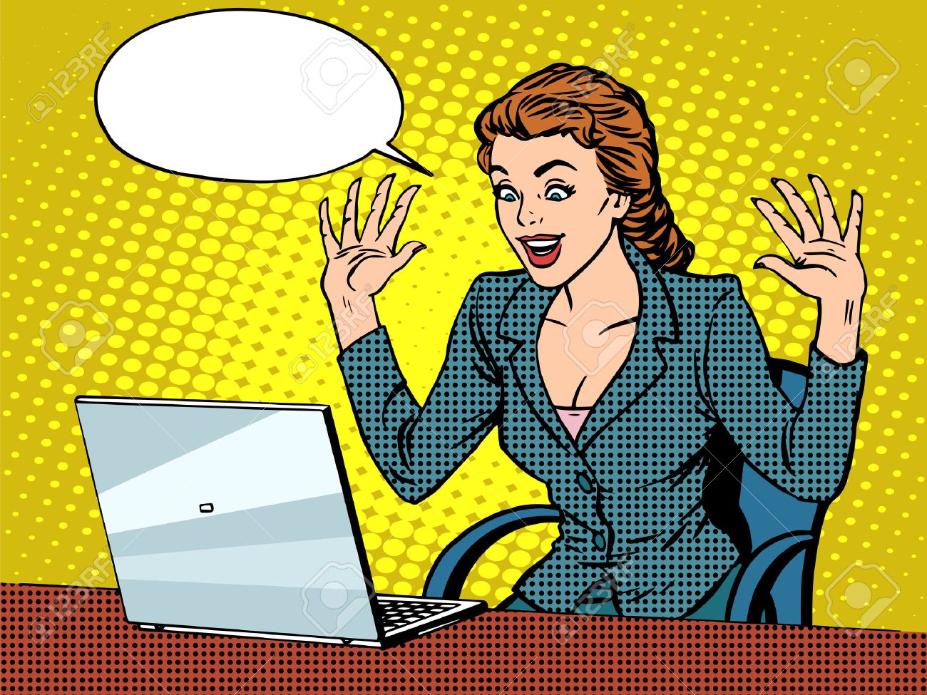 Happy business woman with laptop pop art retro style. Work on the computer. The business and technology. Good news. People in the office - 50538526 Happy business woman with laptop pop art retro style. Work on the computer. The business and technology. Good news. People in the office - 50538526