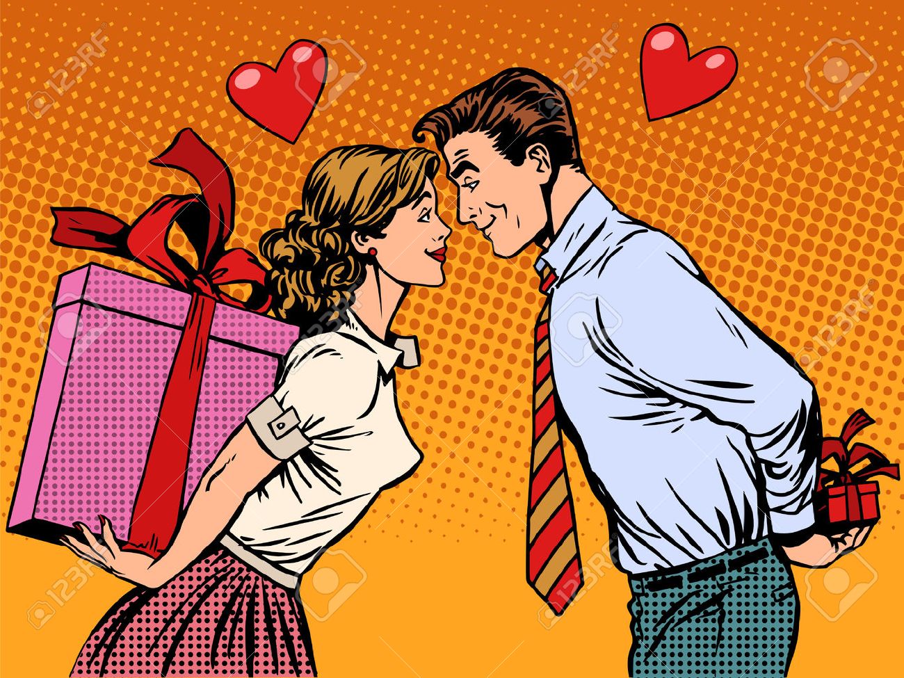 Valentines day lovers man and woman with gifts pop art retro style. Wedding romance and feelings. The couple in the relationship. Husband and wife - 50538559 Valentines day lovers man and woman with gifts pop art retro style. Wedding romance and feelings. The couple in the relationship. Husband and wife - 50538559