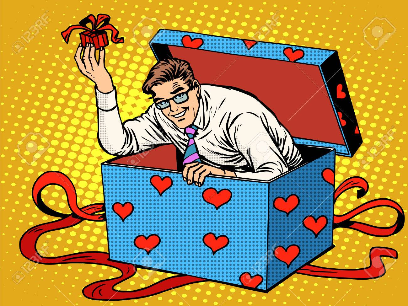 Vettoriale L Uomo Di San Valentino Giorno Casella Sorpresa Regalo Di Amore Pop Art Stile Retro Nozze E Romanticismo Marito Regalo Image