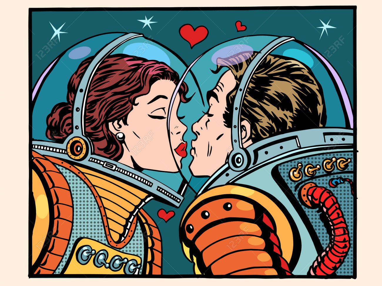 Kiss space man and woman astronauts pop art retro style. Valentines day, wedding and love. A girl and a boy. Science and the cosmos. - 50878480 Kiss space man and woman astronauts pop art retro style. Valentines day, wedding and love. A girl and a boy. Science and the cosmos. - 50878480