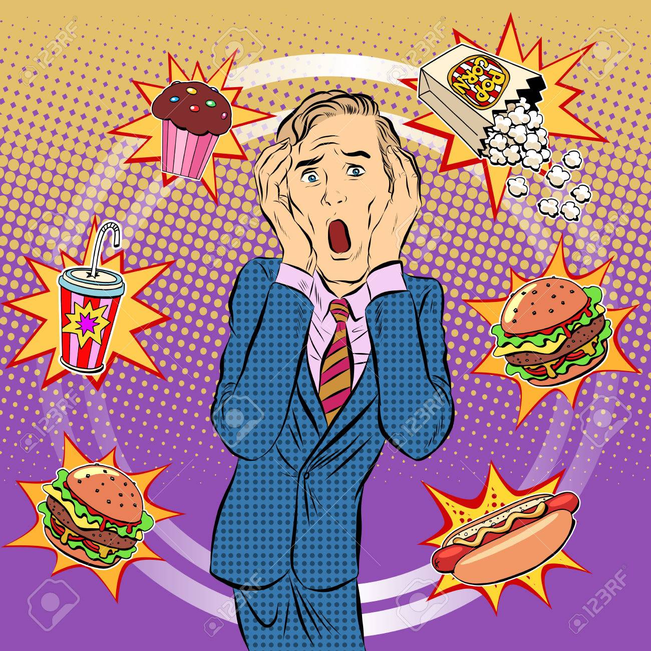 Fast food man unhealthy diet panic pop art retro style. The health of a person. Office lunch. Time and food - 51900698 Fast food man unhealthy diet panic pop art retro style. The health of a person. Office lunch. Time and food - 51900698