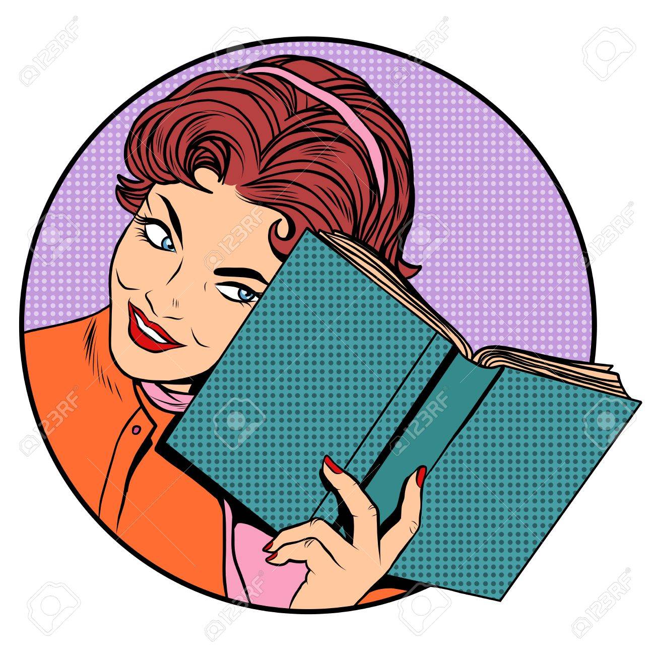 本ポップアートのレトロなスタイルを持つ女性 文学と読書 教育の学校の大学 賢い女の子のイラスト素材 ベクタ Image