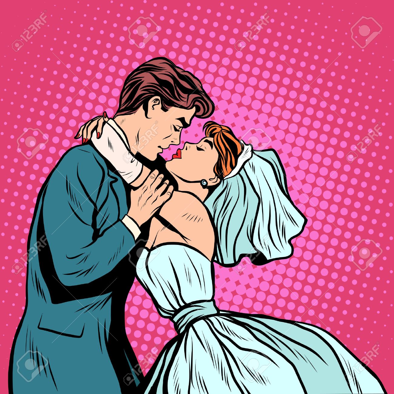 попа невесты Пара Невесты И Жениха Первый Поцелуй Поп-арт Стиле Ретро. Свадебный Мужчина  И Женщина. Свадебная Церемония. Обручение. Приглашение И Открытки Клипарты,  SVG, векторы, и Набор Иллюстраций Без Оплаты Отчислений. Image 53756396