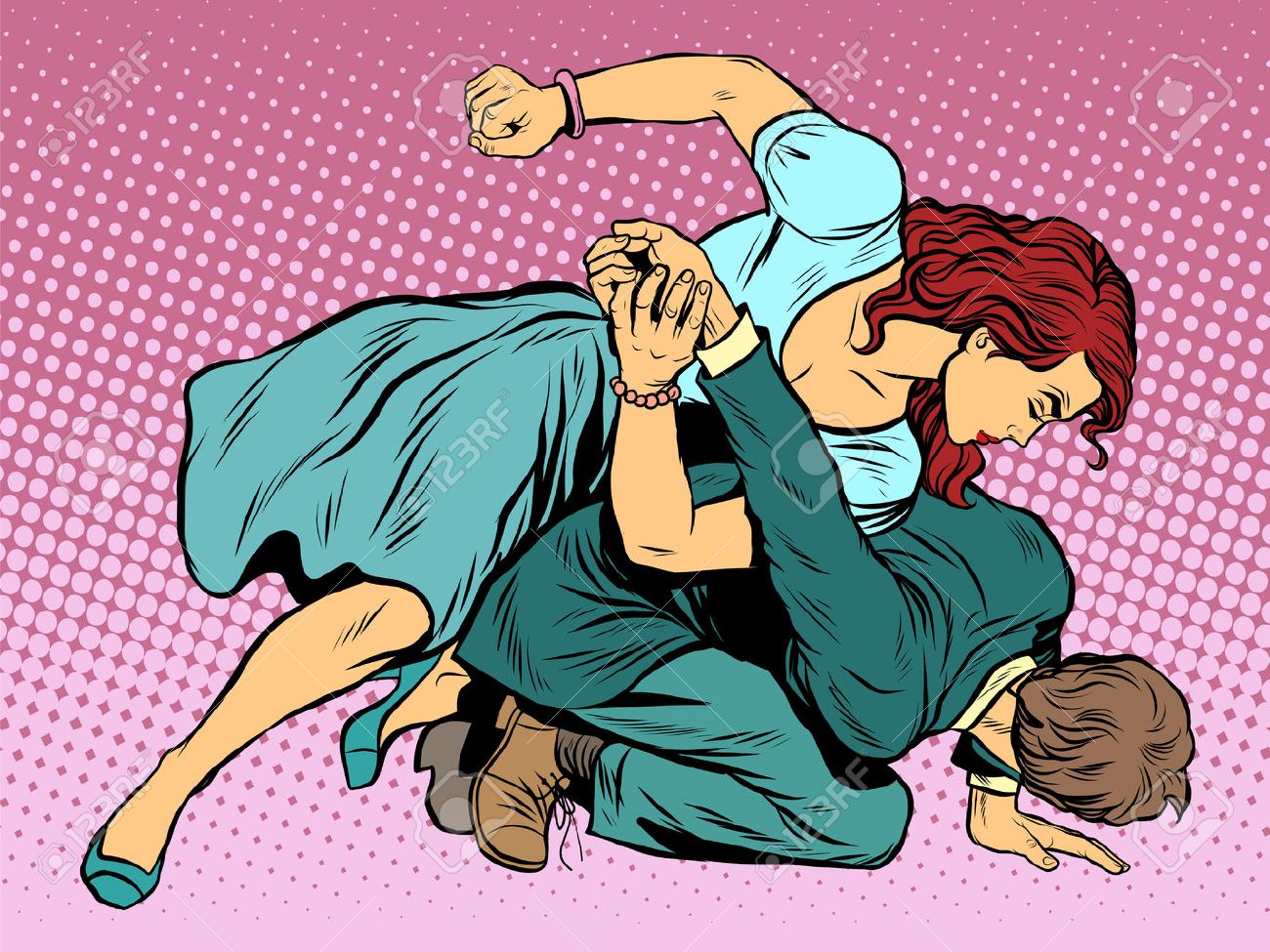 Woman beats man in fight pop art retro style. Woman hits a man. Self defence women. Competition. - 55246090 Woman beats man in fight pop art retro style. Woman hits a man. Self defence women. Competition. - 55246090