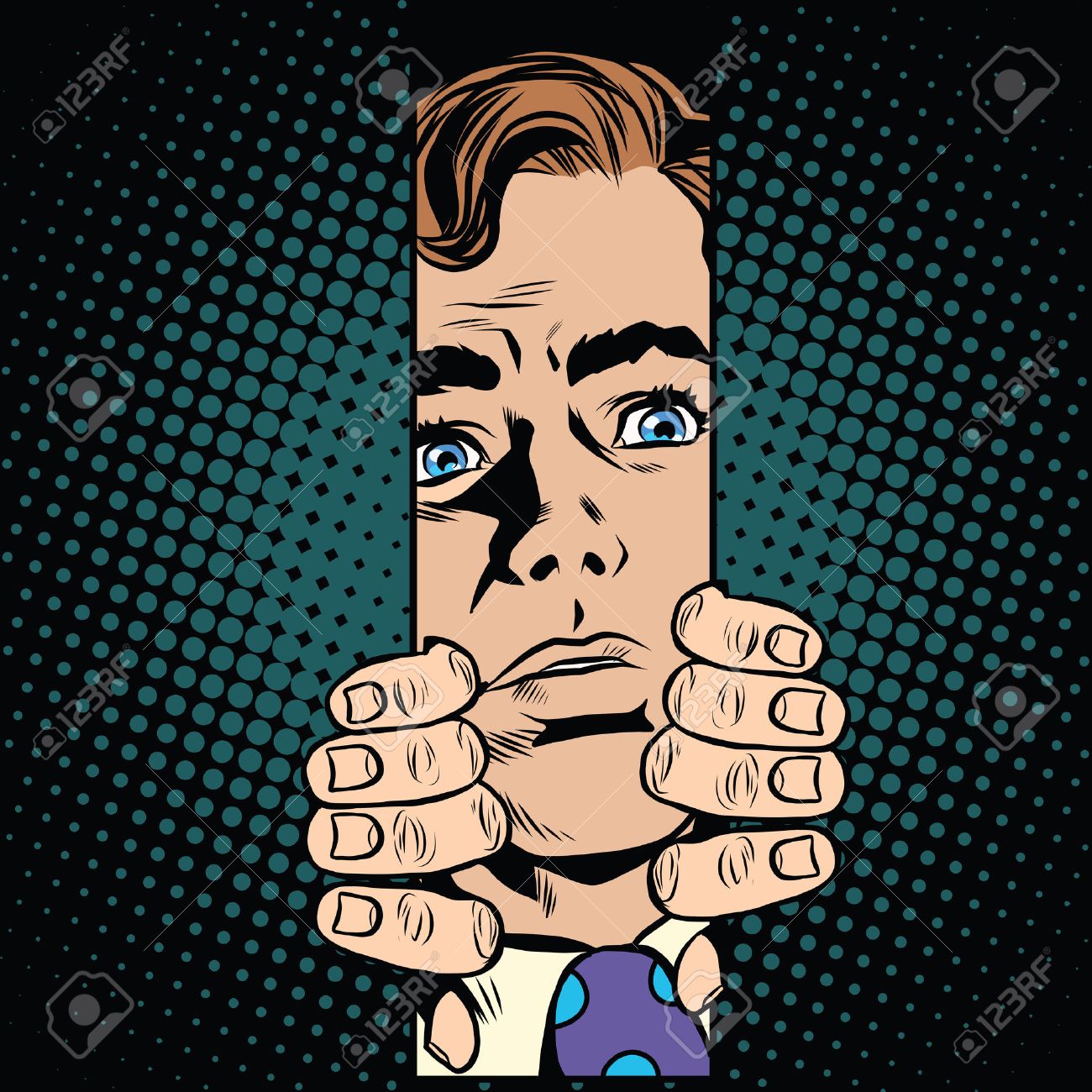 Man Opens Elevator Doors Pop Art Retro Style Getting Stuck In
