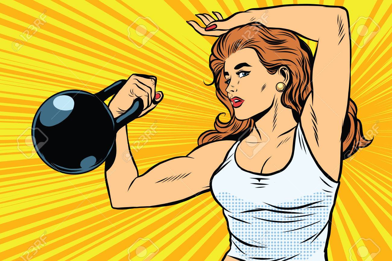 a strong woman athlete with weights pop art retro vector physical