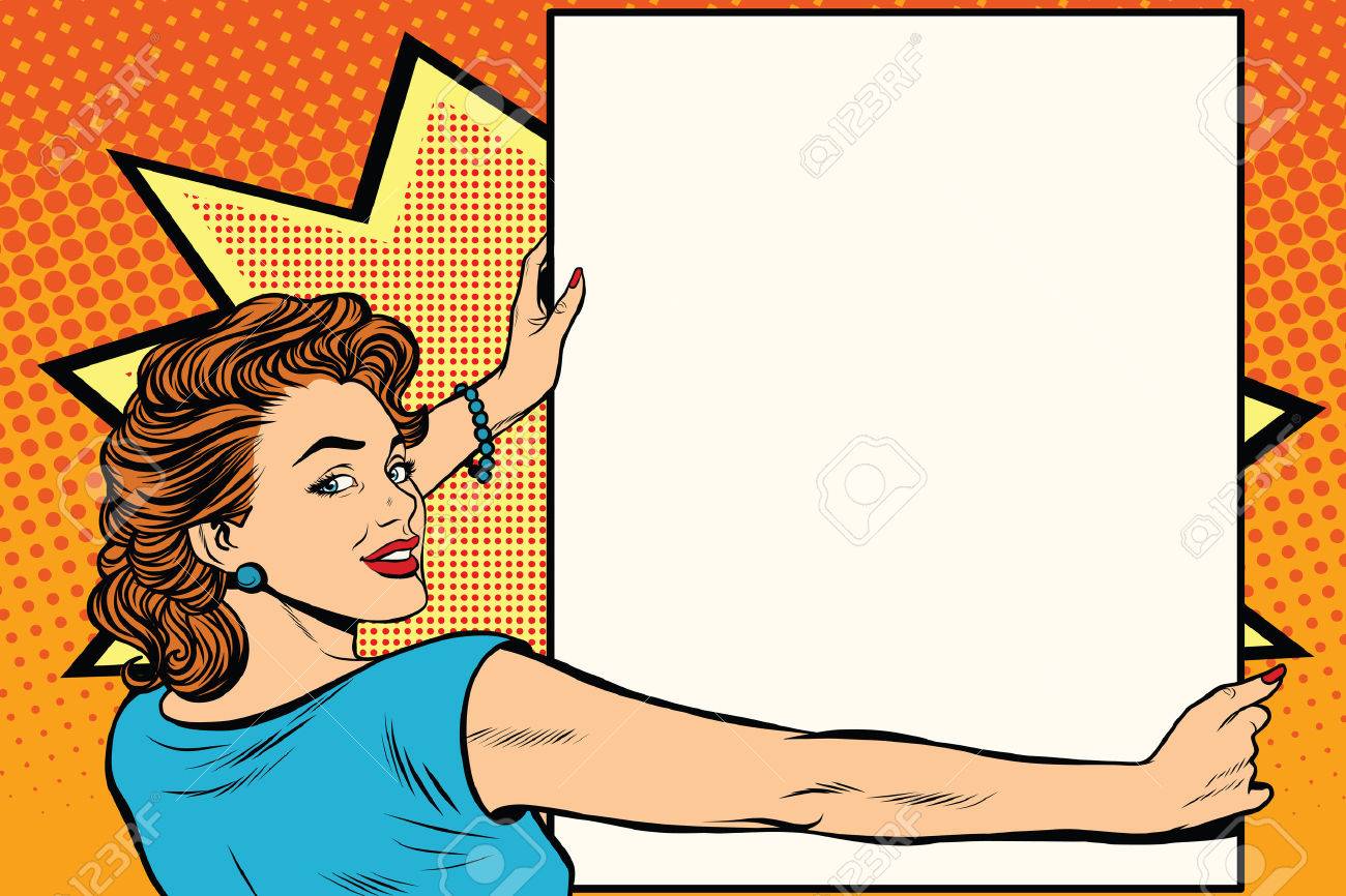 Pop art woman holding a poster retro vector illustration. copy space for the announcement and advertising - 60083832 Pop art woman holding a poster retro vector illustration. copy space for the announcement and advertising - 60083832