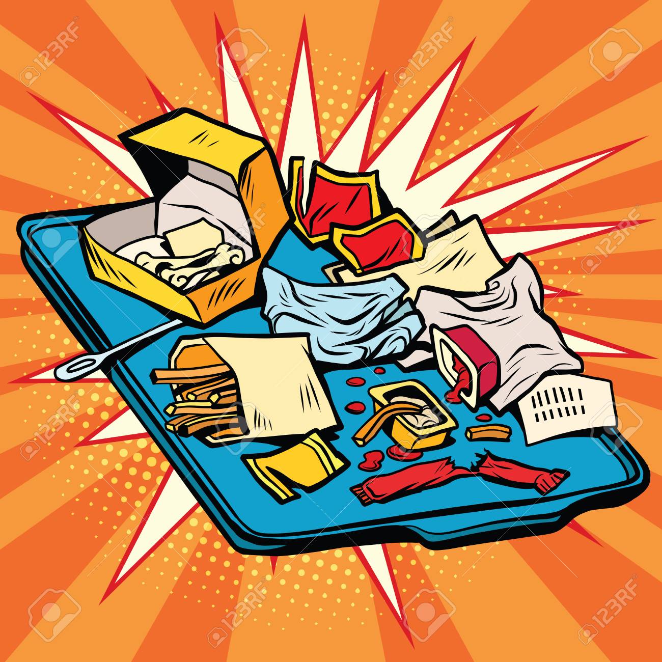 ファーストフードのレストラン Pop アート レトロ コミック イラストのトレイ のイラスト素材 ベクタ Image