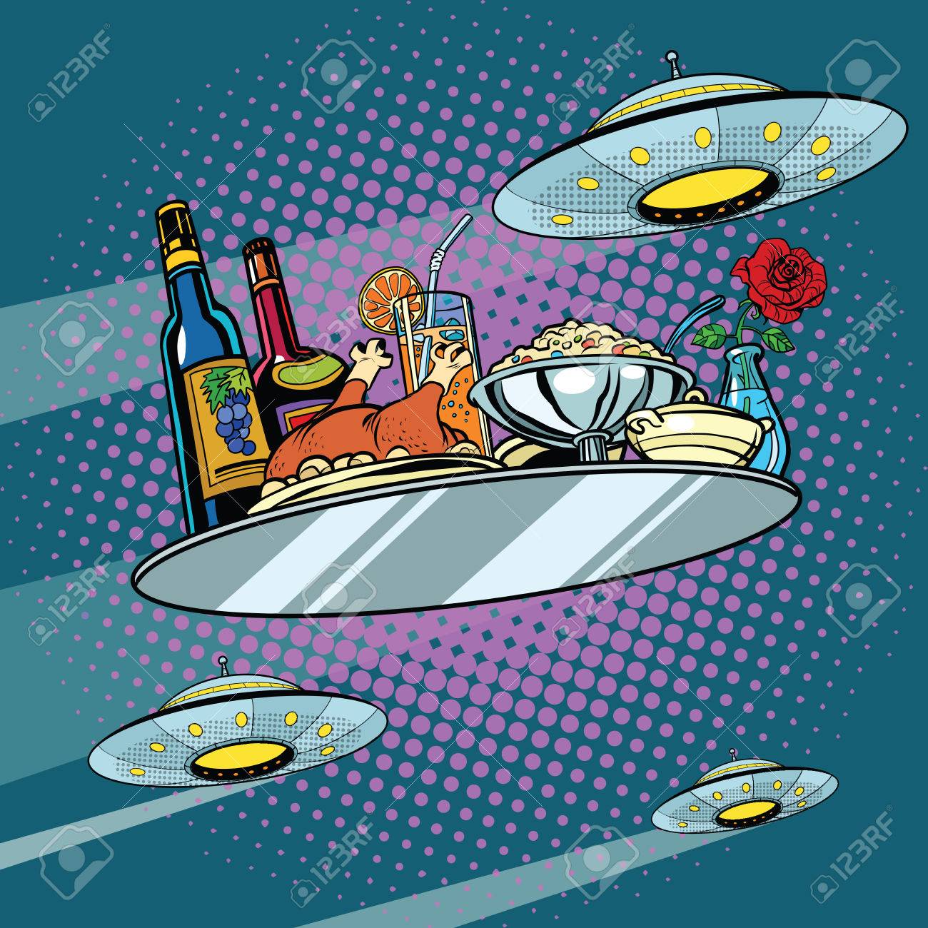 Flying a dinner tray and UFO, pop art retro vector illustration. Delicious food. Science fiction - 64068274 Flying a dinner tray and UFO, pop art retro vector illustration. Delicious food. Science fiction - 64068274