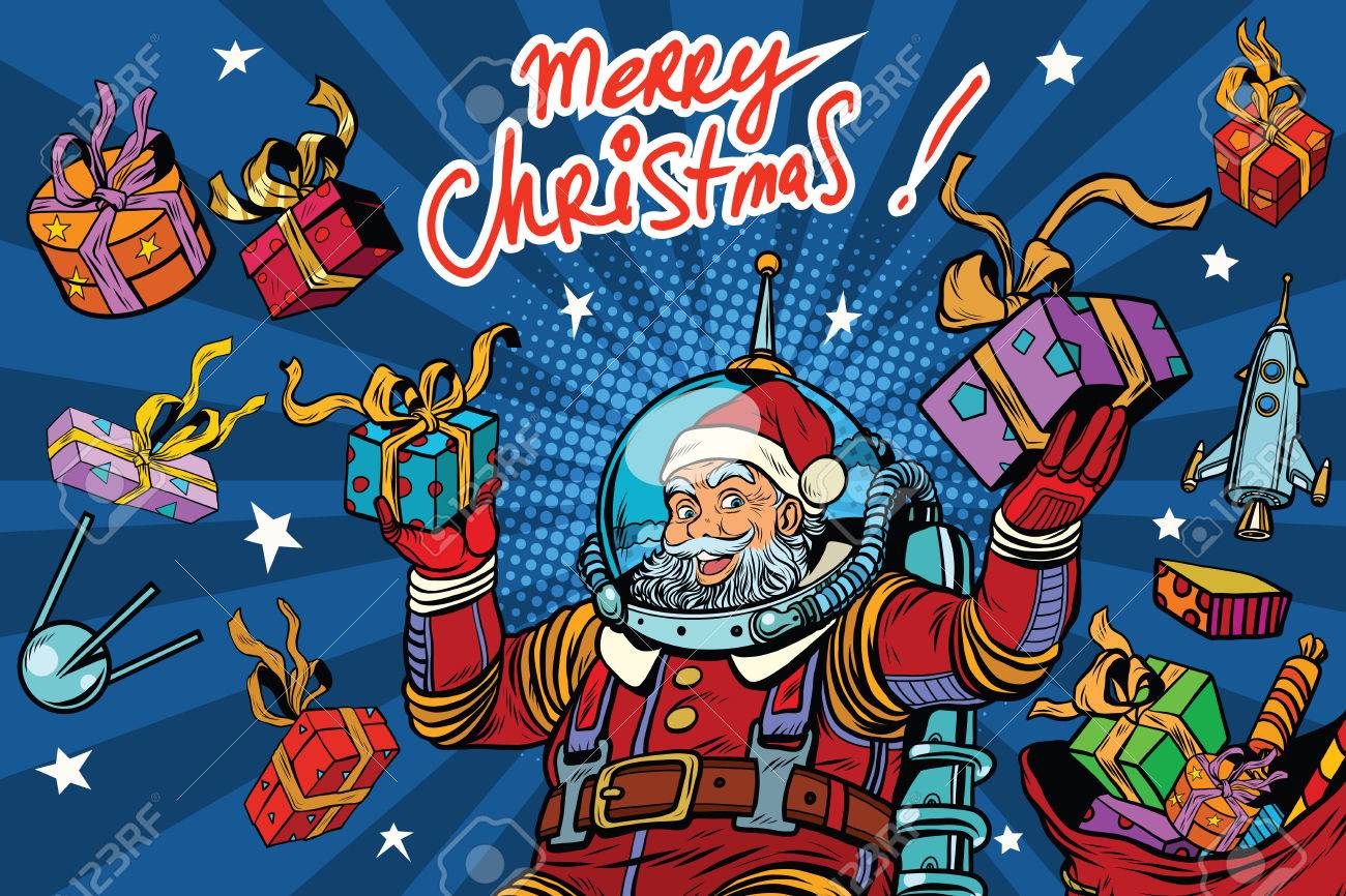 Buon Natale Zero.Vettoriale Spazio Babbo Natale In Gravita Zero Con Regali Di Natale Arte Pop Retro Illustrazione Vettoriale Saluto La Scritta Buon Natale Image 63227575